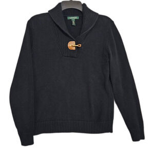 Lauren Ralph Lauren Shawl Collar Cotton Sweater Leather Buckle Details Sz L Blk
